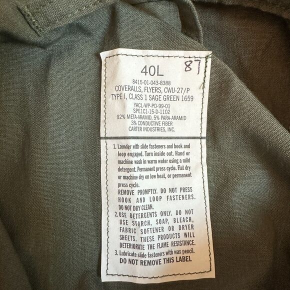 Propper CWU-27/P Nomex Flight Suit Size 40 Long NEW with Tags - Picture 5 of 6